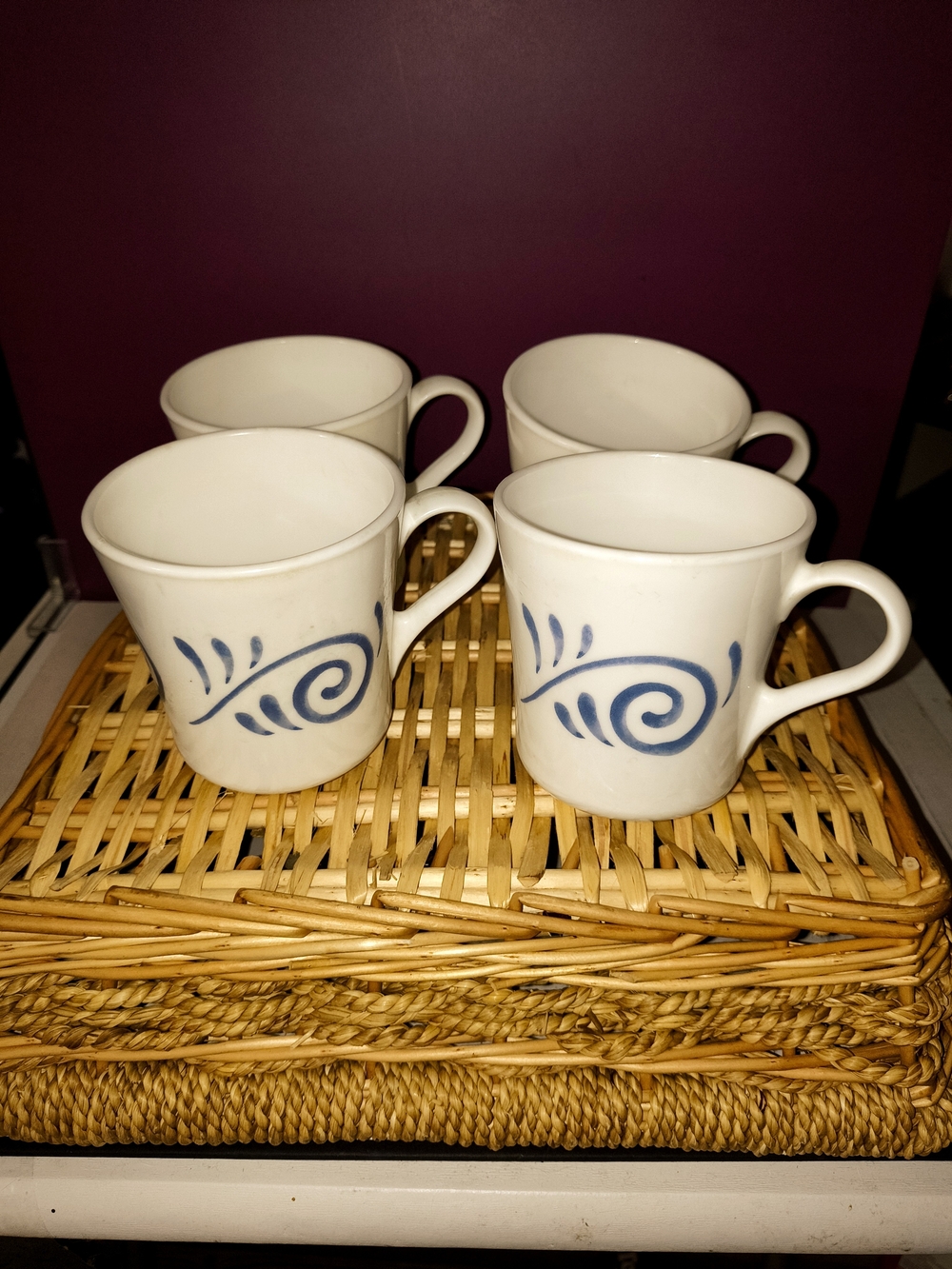Corningware White Mugs with Blue Wave Pattern - Set of 4